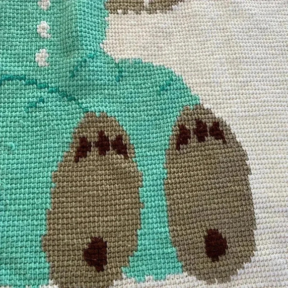Vintage Crochet Knit Baby Teddy Bear Teal White Throw Nursery Crib Blanket - Picture 3 of 6